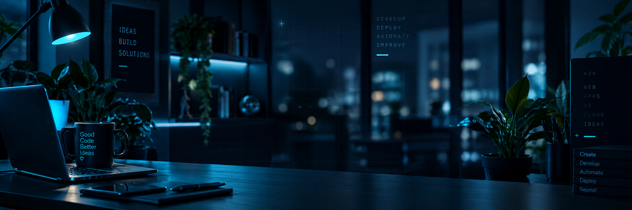 Espacio de trabajo tecnológico en tonos azul oscuro